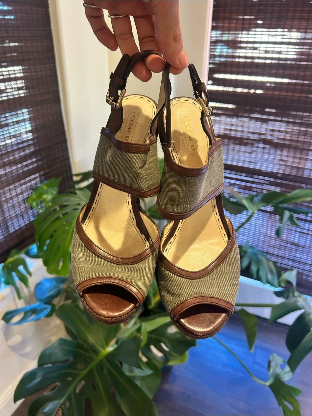Coach Olive Green Platform Sandal with Wooden Block Heel